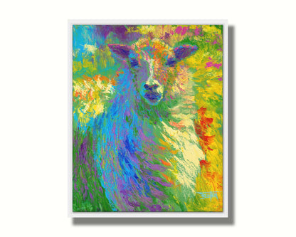 A colorful, bold painting of a sheep. The arrangement of color and visible brushstrokes emphasize the form and flow of the sheep's wool. Printed on canvas in a float frame.