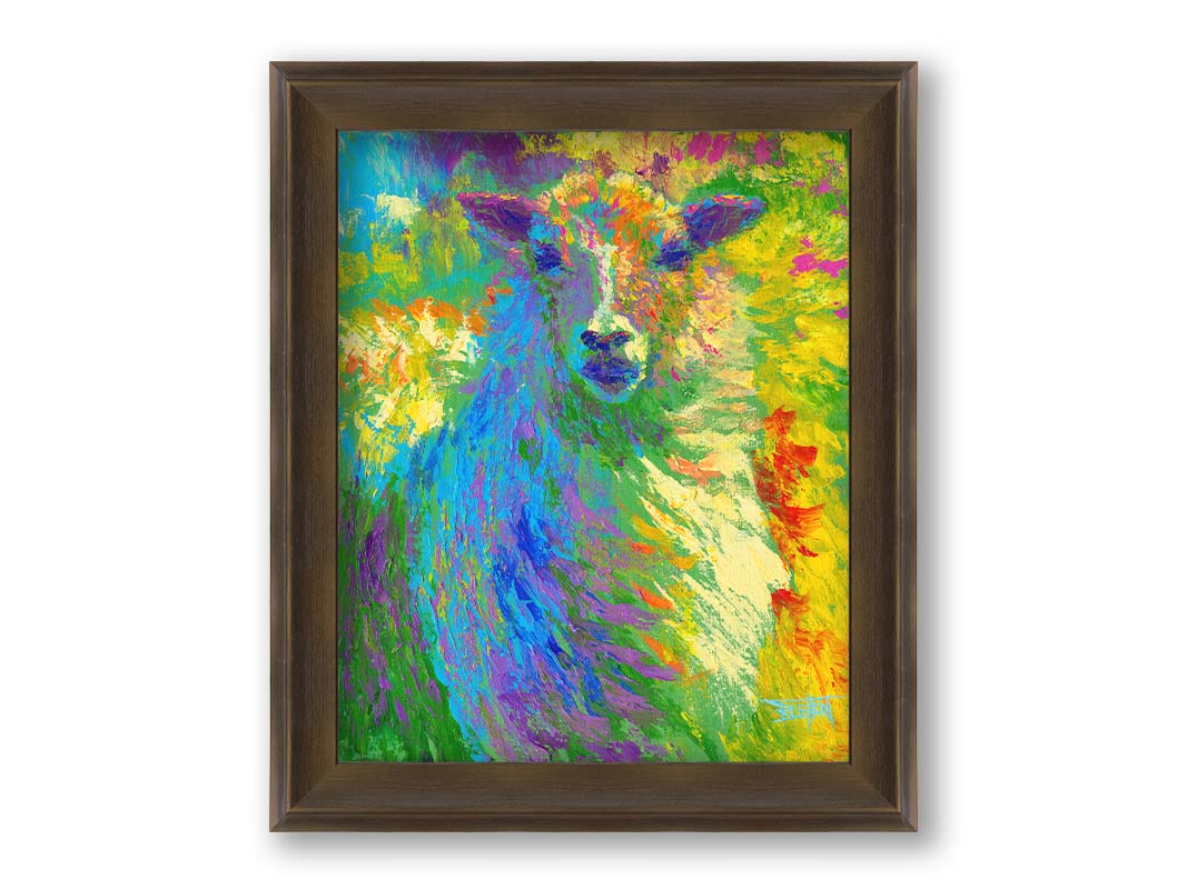 A colorful, bold painting of a sheep. The arrangement of color and visible brushstrokes emphasize the form and flow of the sheep's wool. Printed on canvas and framed.