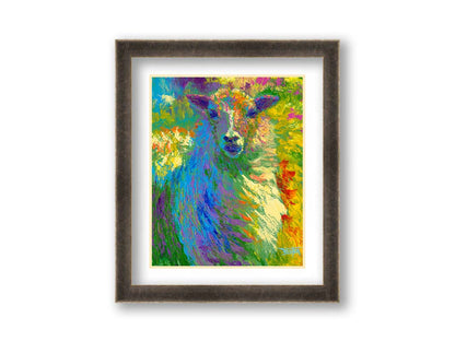 A colorful, bold painting of a sheep. The arrangement of color and visible brushstrokes emphasize the form and flow of the sheep's wool. Printed on paper, matted, and framed.