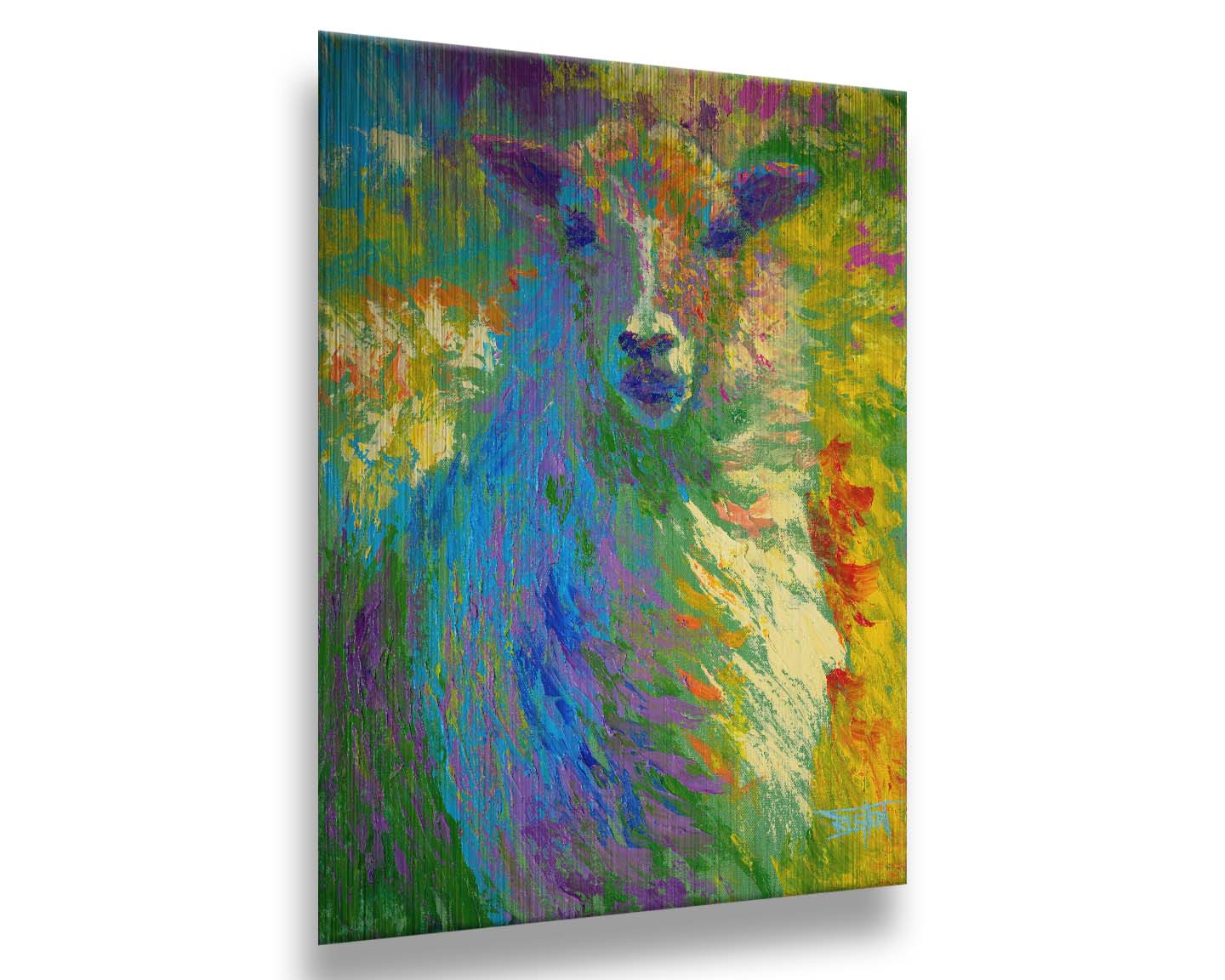 A colorful, bold painting of a sheep. The arrangement of color and visible brushstrokes emphasize the form and flow of the sheep's wool. Printed on metal.