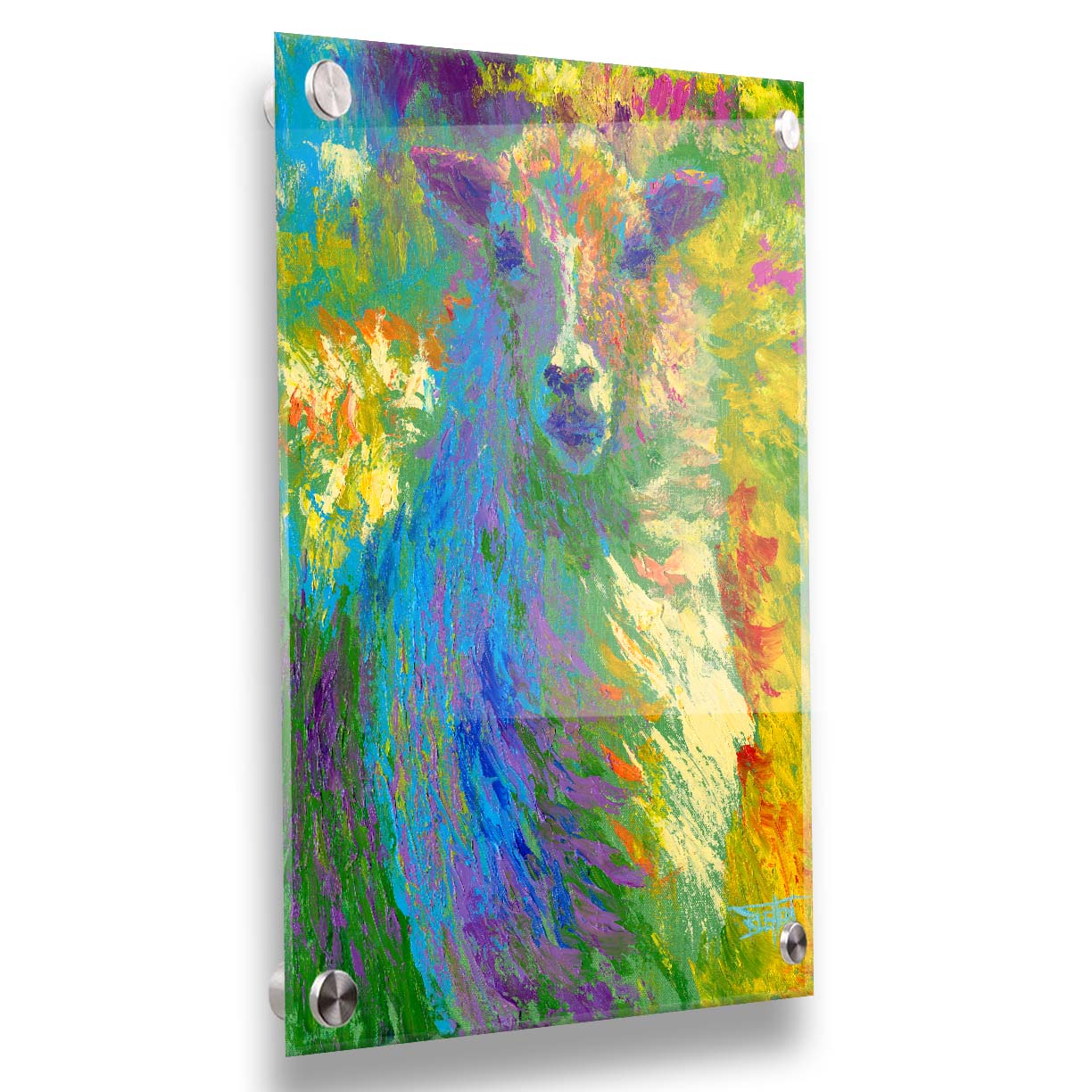 A colorful, bold painting of a sheep. The arrangement of color and visible brushstrokes emphasize the form and flow of the sheep's wool. Printed on acrylic.