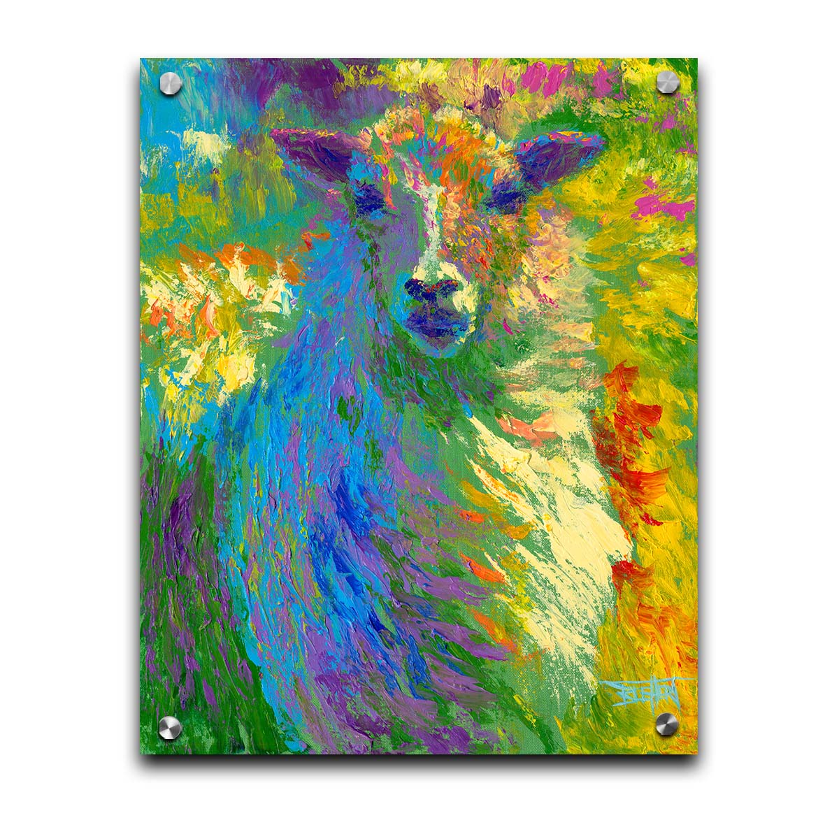 A colorful, bold painting of a sheep. The arrangement of color and visible brushstrokes emphasize the form and flow of the sheep's wool. Printed on acrylic.