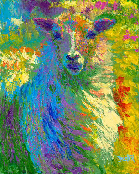 A colorful, bold painting of a sheep. The arrangement of color and visible brushstrokes emphasize the form and flow of the sheep's wool.