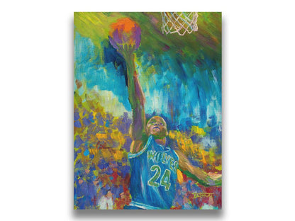 A painting of Jerome "Pooh" Richardson Jr. playing for the MInnesota Timberwolves basketball team, jumping with the ball. Printed on canvas.