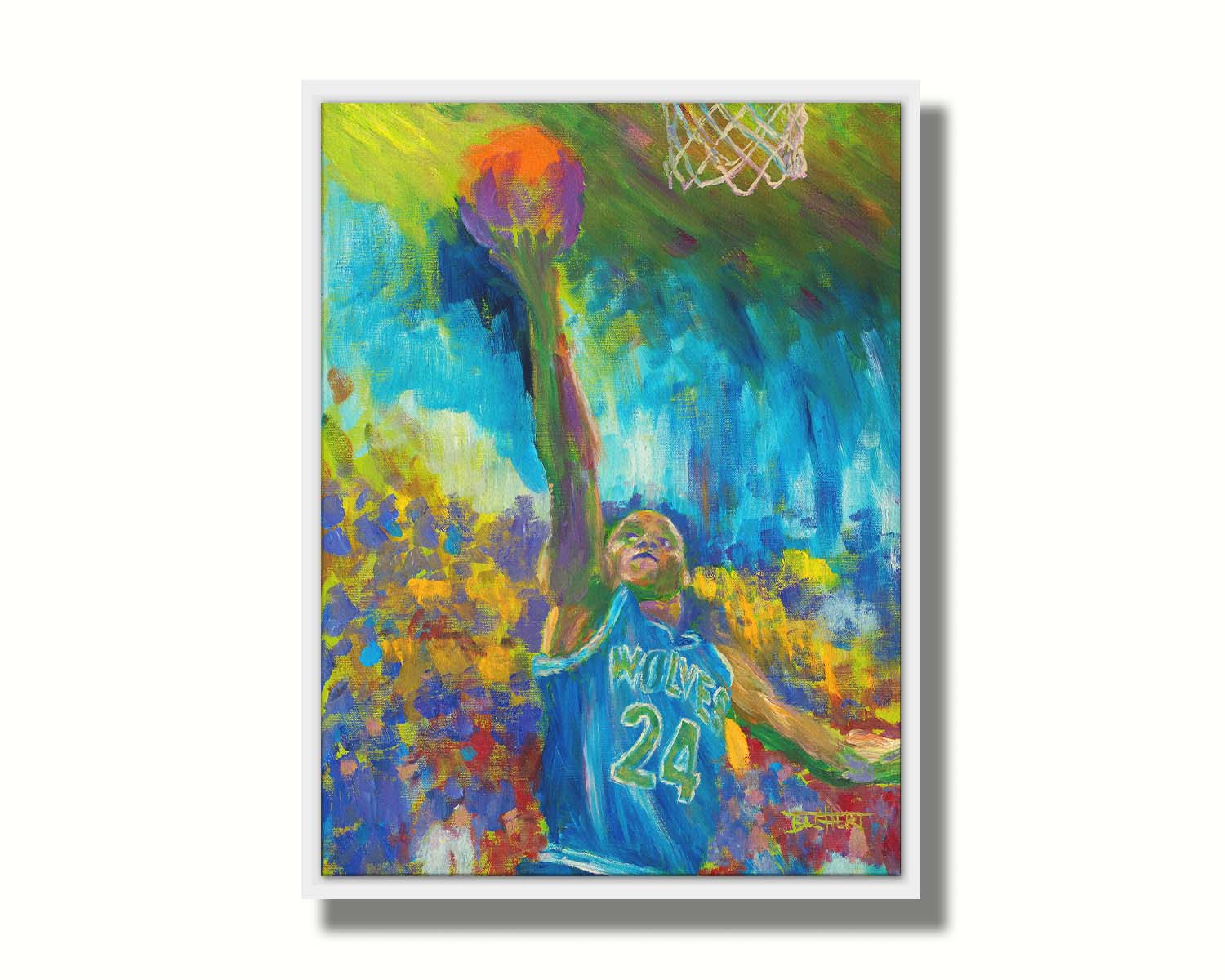 A painting of Jerome "Pooh" Richardson Jr. playing for the MInnesota Timberwolves basketball team, jumping with the ball. Printed on canvas in a float frame.