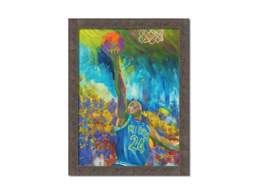 A painting of Jerome "Pooh" Richardson Jr. playing for the MInnesota Timberwolves basketball team, jumping with the ball. Printed on canvas and framed.