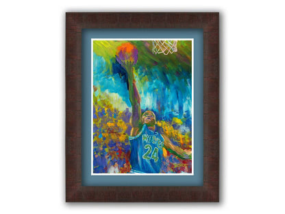 A painting of Jerome "Pooh" Richardson Jr. playing for the MInnesota Timberwolves basketball team, jumping with the ball. Printed on paper, matted, and framed.