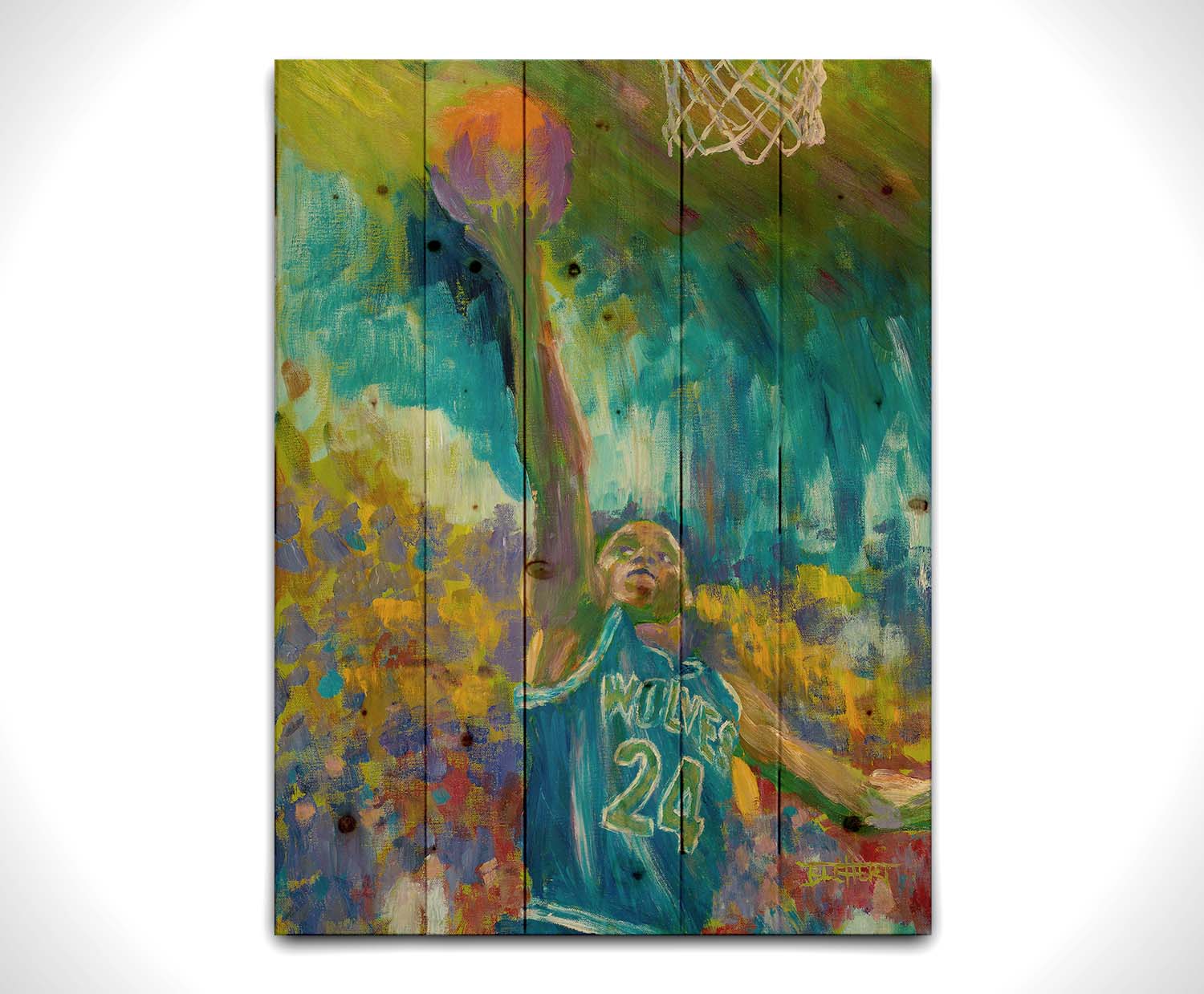 A painting of Jerome "Pooh" Richardson Jr. playing for the MInnesota Timberwolves basketball team, jumping with the ball. Printed on a wood pallet.