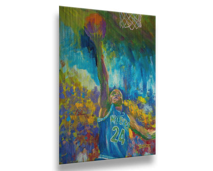 A painting of Jerome "Pooh" Richardson Jr. playing for the MInnesota Timberwolves basketball team, jumping with the ball. Printed on metal.