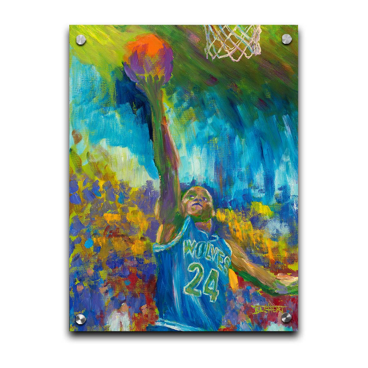 A painting of Jerome "Pooh" Richardson Jr. playing for the MInnesota Timberwolves basketball team, jumping with the ball. Printed on acrylic.