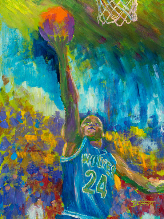A painting of Jerome "Pooh" Richardson Jr. playing for the MInnesota Timberwolves basketball team, jumping with the ball. 