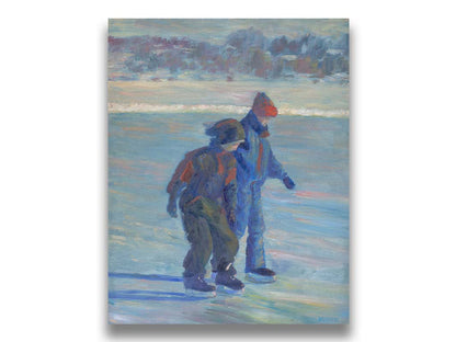 A painting of two people ice skating on a pond in the winter, bundled up against the cold in jackets, hats, and gloves. Printed on canvas.