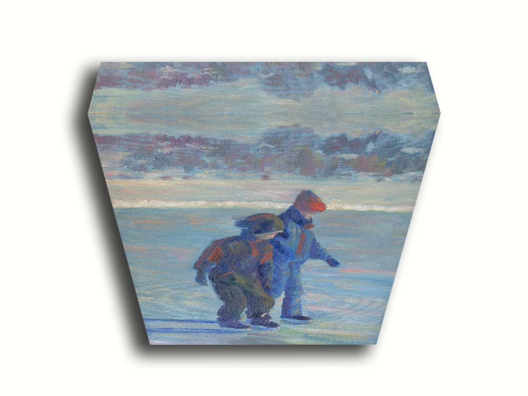 A painting of two people ice skating on a pond in the winter, bundled up against the cold in jackets, hats, and gloves. Printed on canvas.