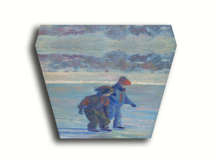 A painting of two people ice skating on a pond in the winter, bundled up against the cold in jackets, hats, and gloves. Printed on canvas.