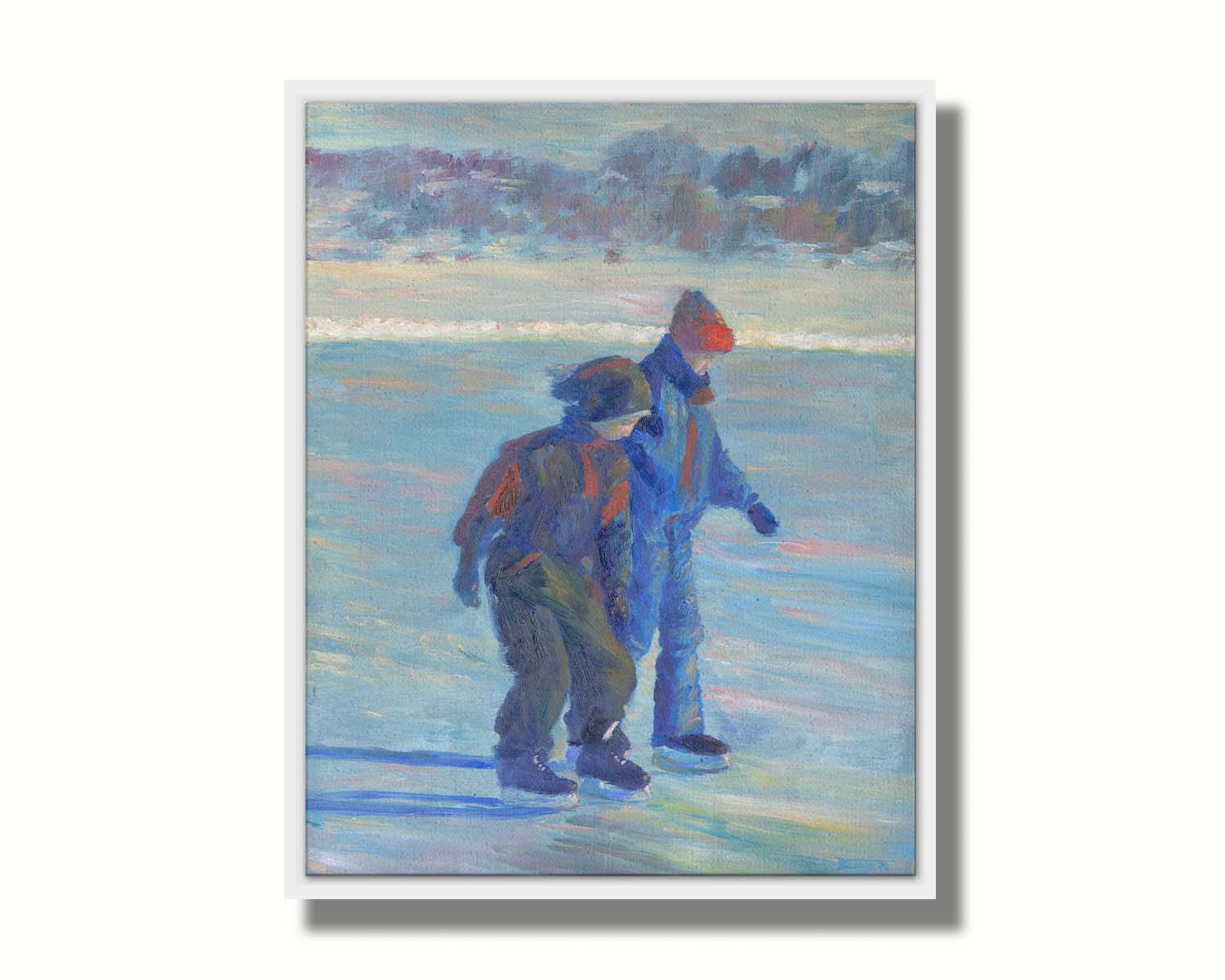 A painting of two people ice skating on a pond in the winter, bundled up against the cold in jackets, hats, and gloves. Printed on canvas in a float frame.