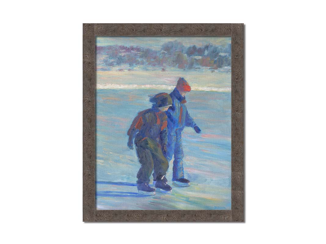 A painting of two people ice skating on a pond in the winter, bundled up against the cold in jackets, hats, and gloves. Printed on canvas and framed.