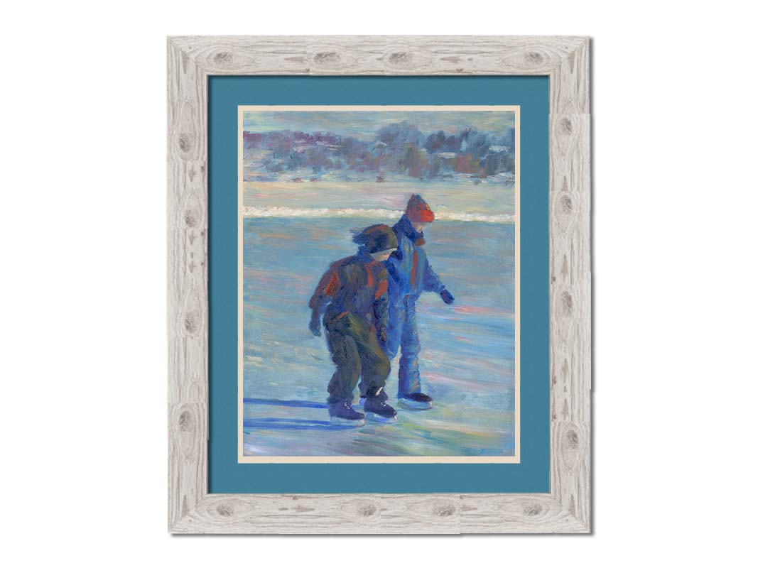 A painting of two people ice skating on a pond in the winter, bundled up against the cold in jackets, hats, and gloves. Printed on paper, matted, and framed.