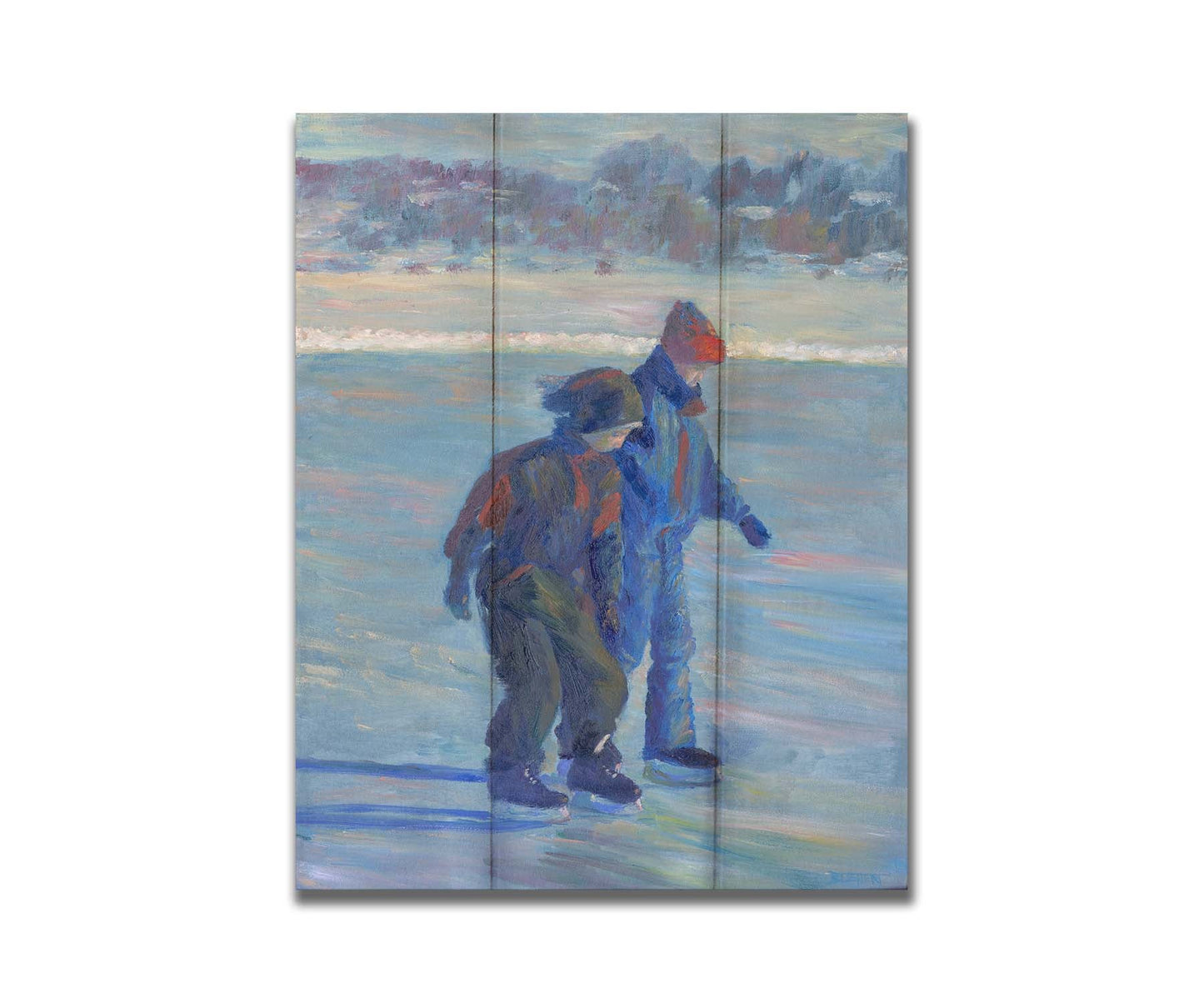 A painting of two people ice skating on a pond in the winter, bundled up against the cold in jackets, hats, and gloves. Printed on a box board.