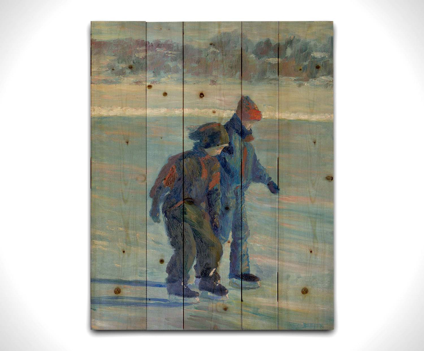 A painting of two people ice skating on a pond in the winter, bundled up against the cold in jackets, hats, and gloves. Printed on a wood pallet.