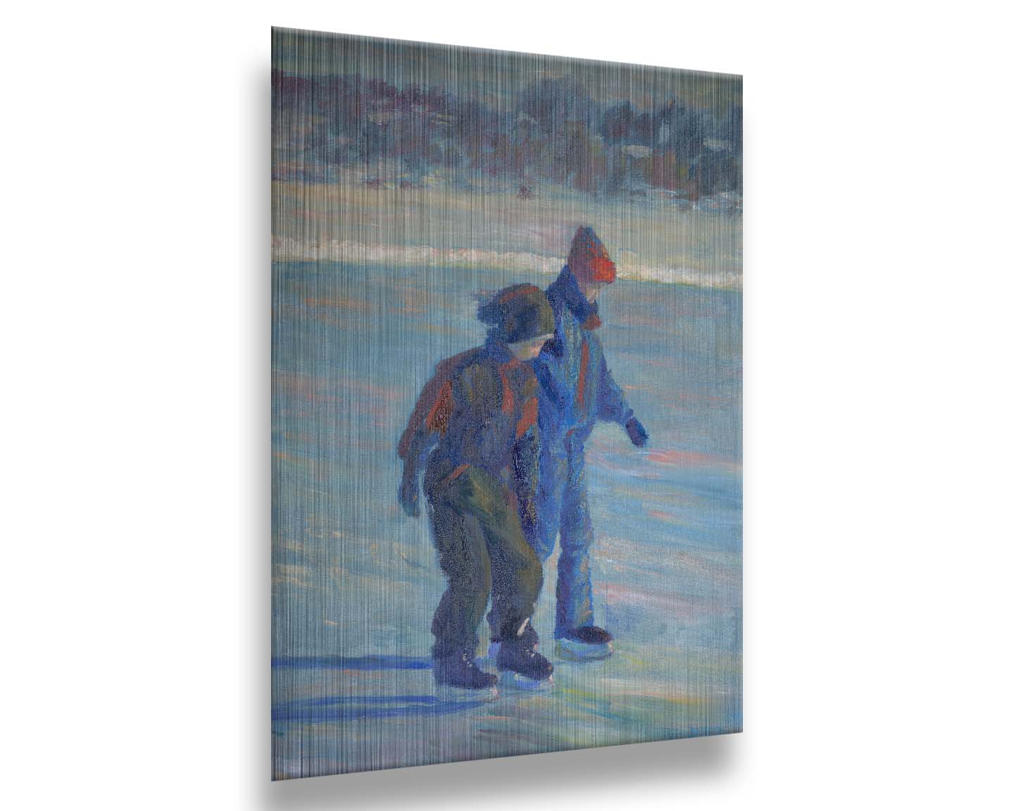 A painting of two people ice skating on a pond in the winter, bundled up against the cold in jackets, hats, and gloves. Printed on metal.