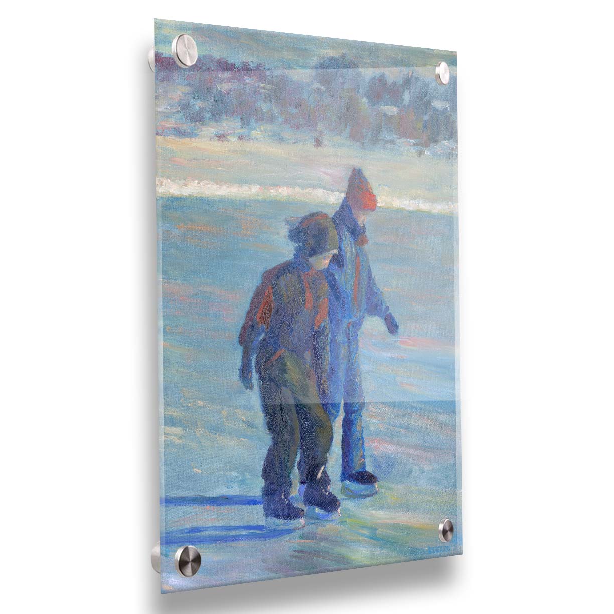 A painting of two people ice skating on a pond in the winter, bundled up against the cold in jackets, hats, and gloves. Printed on acrylic.