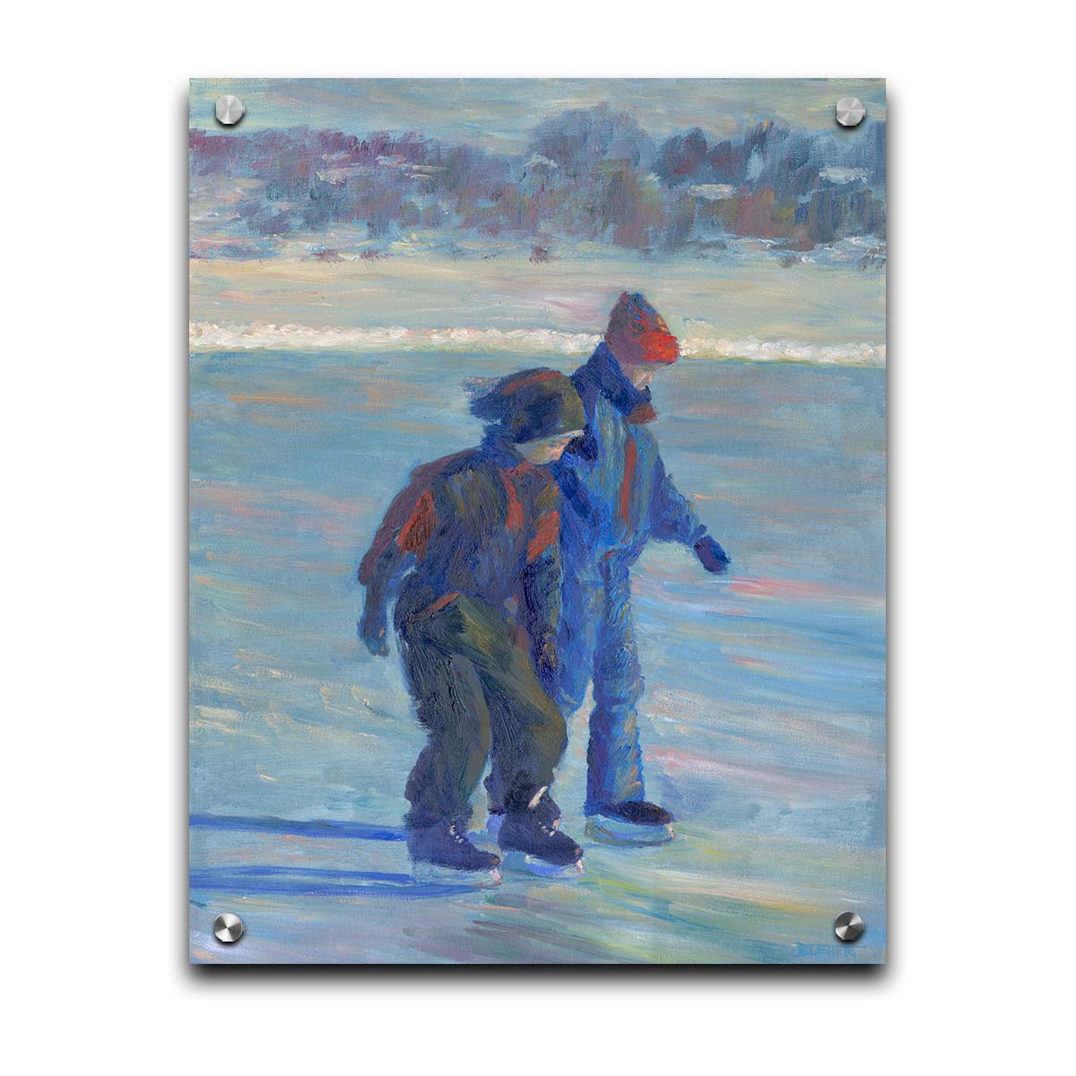 A painting of two people ice skating on a pond in the winter, bundled up against the cold in jackets, hats, and gloves. Printed on acrylic.