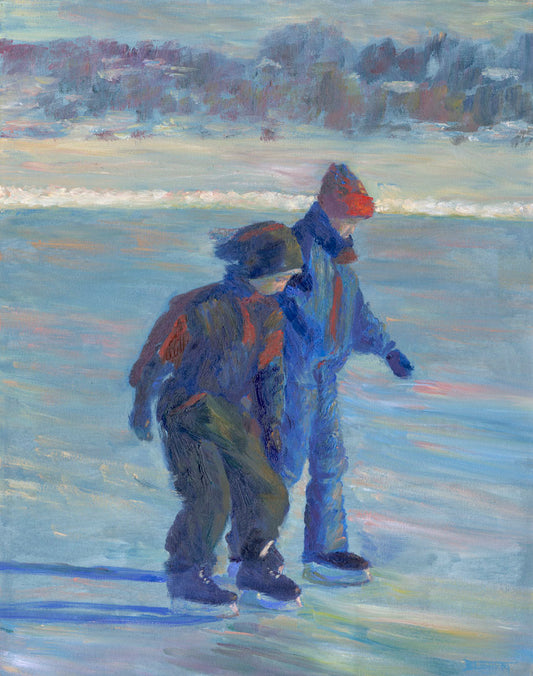 A painting of two people ice skating on a pond in the winter, bundled up against the cold in jackets, hats, and gloves. 