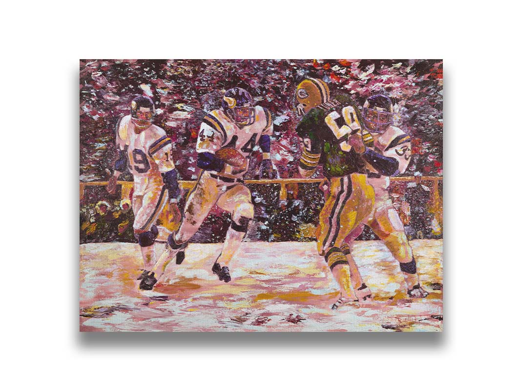 A painting of a snowy scene during the November 1977 football team between the Minnesota Vikings and the Green Bay Packers, centering on Vikings player Chuck Foreman as he runs the ball past an opponent with the help of his teammates. Printed on canvas.