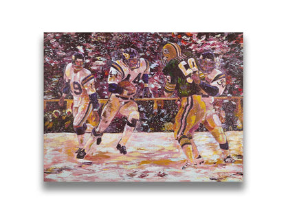 A painting of a snowy scene during the November 1977 football team between the Minnesota Vikings and the Green Bay Packers, centering on Vikings player Chuck Foreman as he runs the ball past an opponent with the help of his teammates. Printed on canvas.