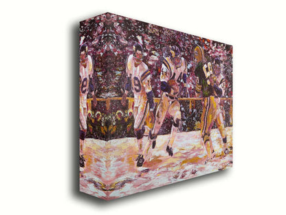 A painting of a snowy scene during the November 1977 football team between the Minnesota Vikings and the Green Bay Packers, centering on Vikings player Chuck Foreman as he runs the ball past an opponent with the help of his teammates. Printed on canvas.