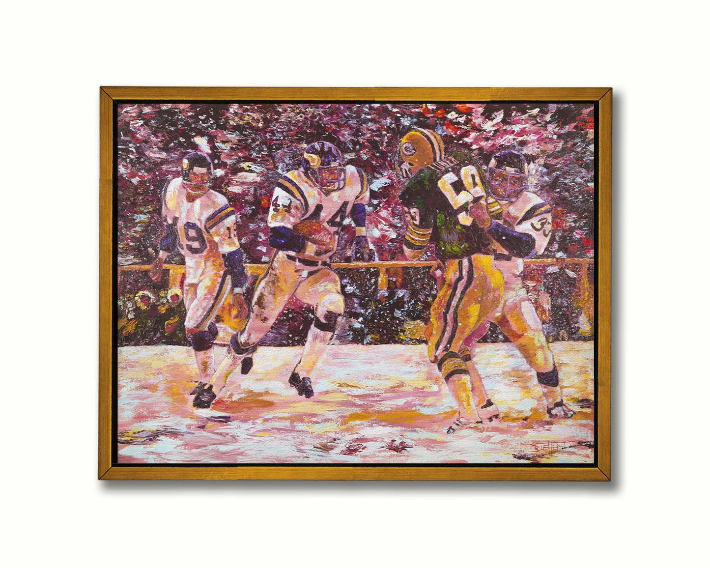 A painting of a snowy scene during the November 1977 football team between the Minnesota Vikings and the Green Bay Packers, centering on Vikings player Chuck Foreman as he runs the ball past an opponent with the help of his teammates. Printed on canvas in a float frame.