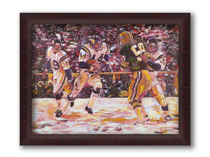 A painting of a snowy scene during the November 1977 football team between the Minnesota Vikings and the Green Bay Packers, centering on Vikings player Chuck Foreman as he runs the ball past an opponent with the help of his teammates. Printed on canvas and framed.