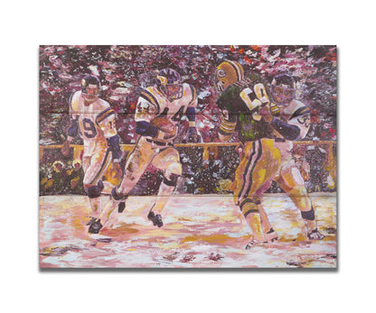 A painting of a snowy scene during the November 1977 football team between the Minnesota Vikings and the Green Bay Packers, centering on Vikings player Chuck Foreman as he runs the ball past an opponent with the help of his teammates. Printed on a box board.