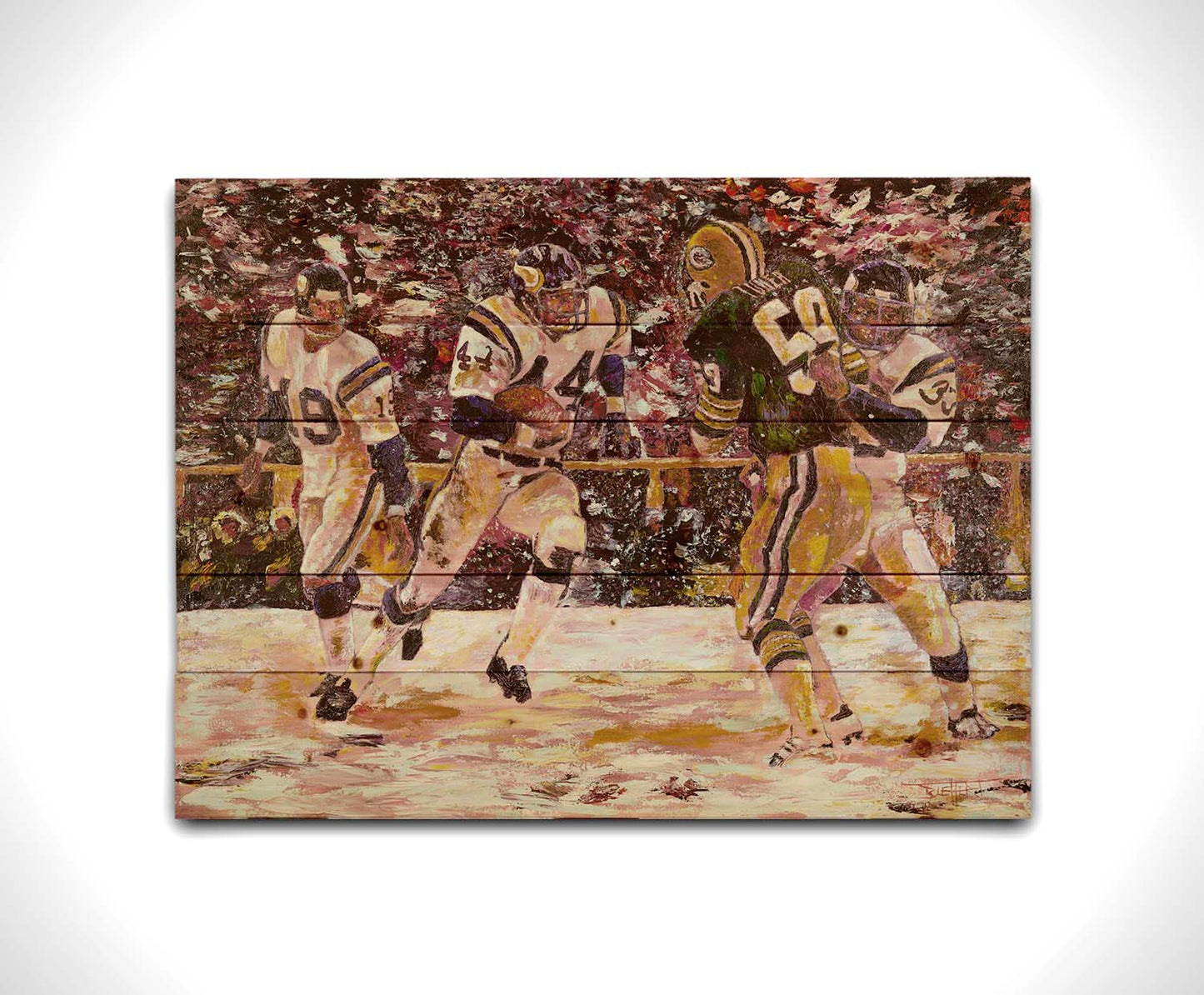 A painting of a snowy scene during the November 1977 football team between the Minnesota Vikings and the Green Bay Packers, centering on Vikings player Chuck Foreman as he runs the ball past an opponent with the help of his teammates. Printed on a wood pallet.