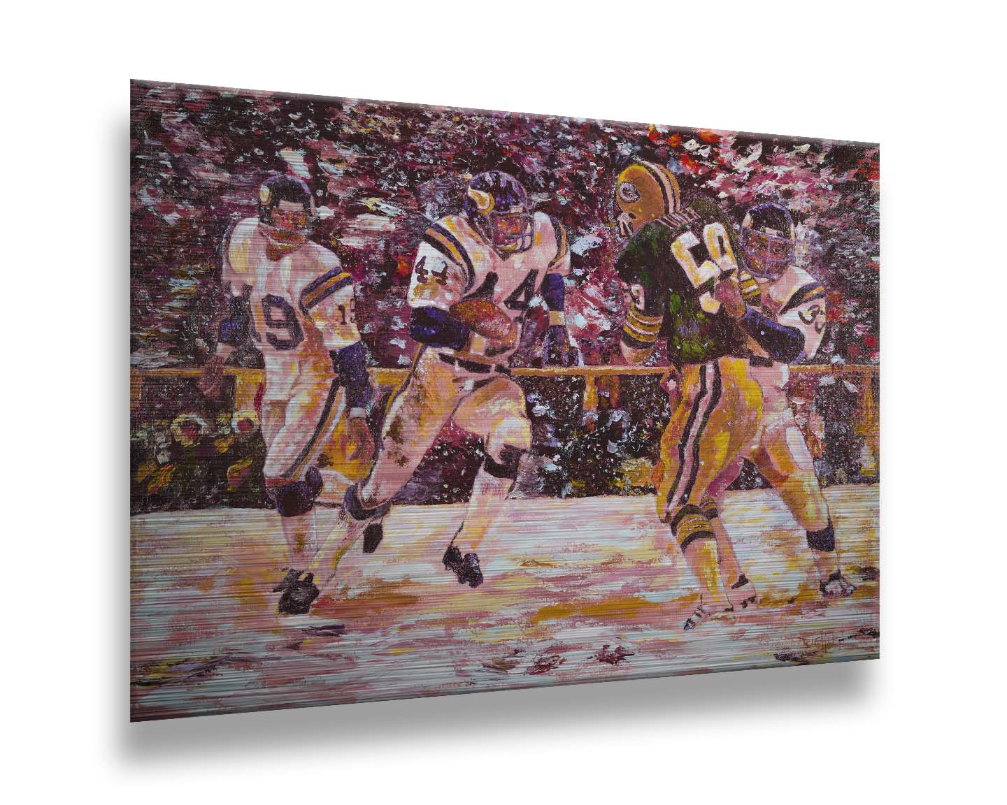 A painting of a snowy scene during the November 1977 football team between the Minnesota Vikings and the Green Bay Packers, centering on Vikings player Chuck Foreman as he runs the ball past an opponent with the help of his teammates. Printed on metal.