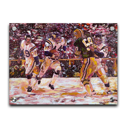 A painting of a snowy scene during the November 1977 football team between the Minnesota Vikings and the Green Bay Packers, centering on Vikings player Chuck Foreman as he runs the ball past an opponent with the help of his teammates. Printed on acrylic.