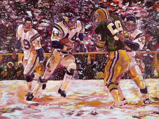 A painting of a snowy scene during the November 1977 football team between the Minnesota Vikings and the Green Bay Packers, centering on Vikings player Chuck Foreman as he runs the ball past an opponent with the help of his teammates.