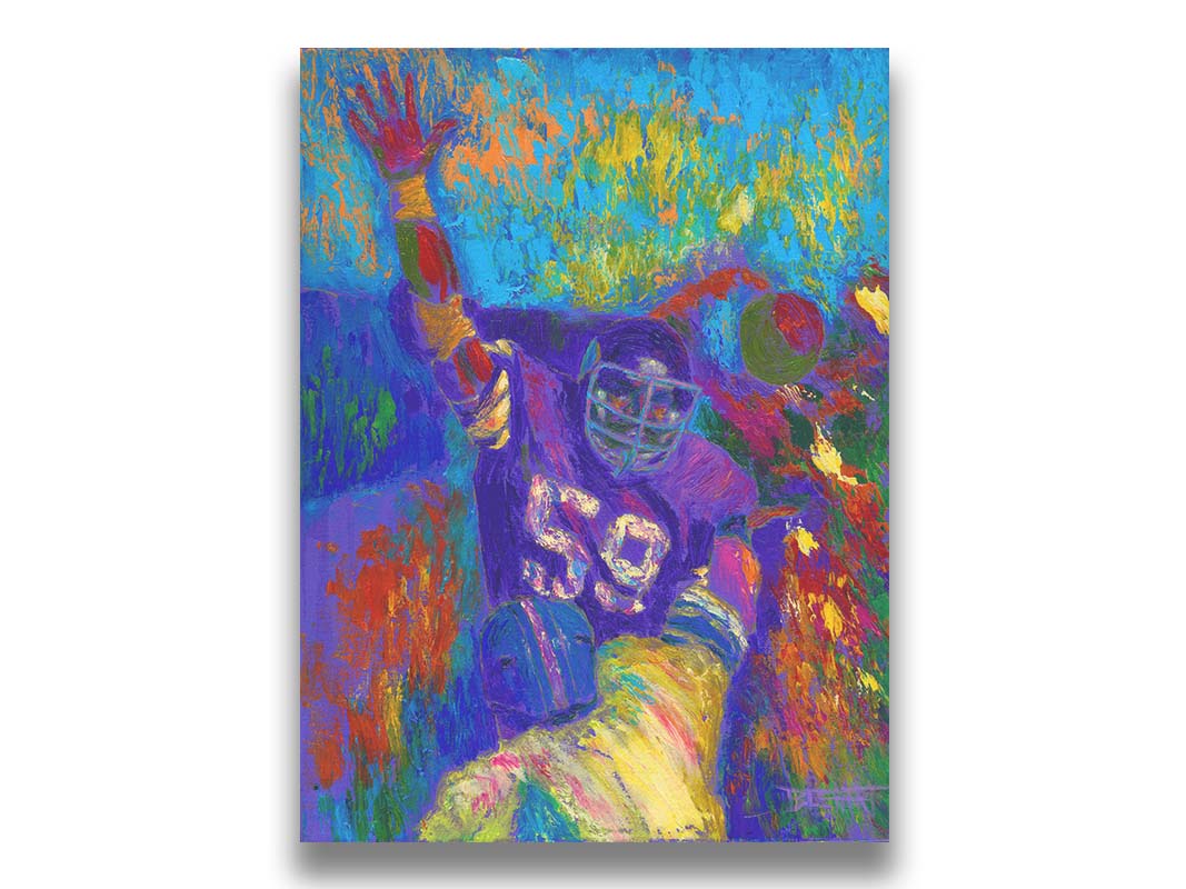 A painting of Minnesota Viking's linebacker Matt Blair waving. Painted in a vibrant pallete with visible pallete knife and brushstrokes. Printed on canvas.