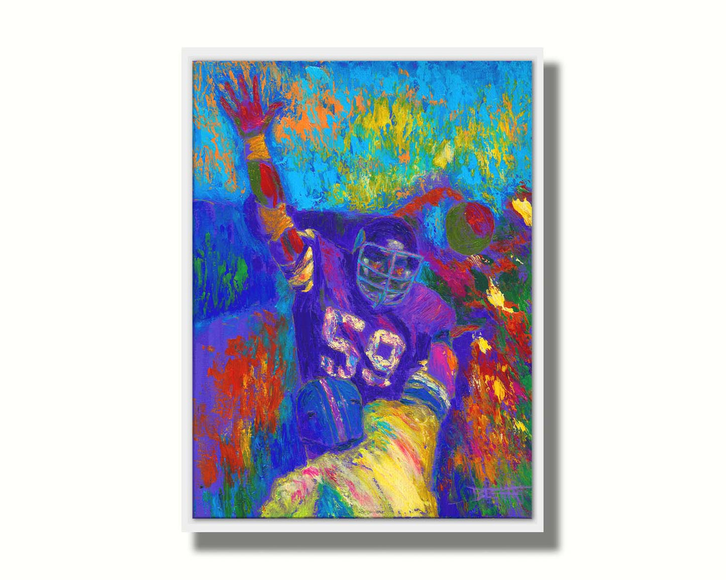 A painting of Minnesota Viking's linebacker Matt Blair waving. Painted in a vibrant pallete with visible pallete knife and brushstrokes. Printed on canvas in a float frame.