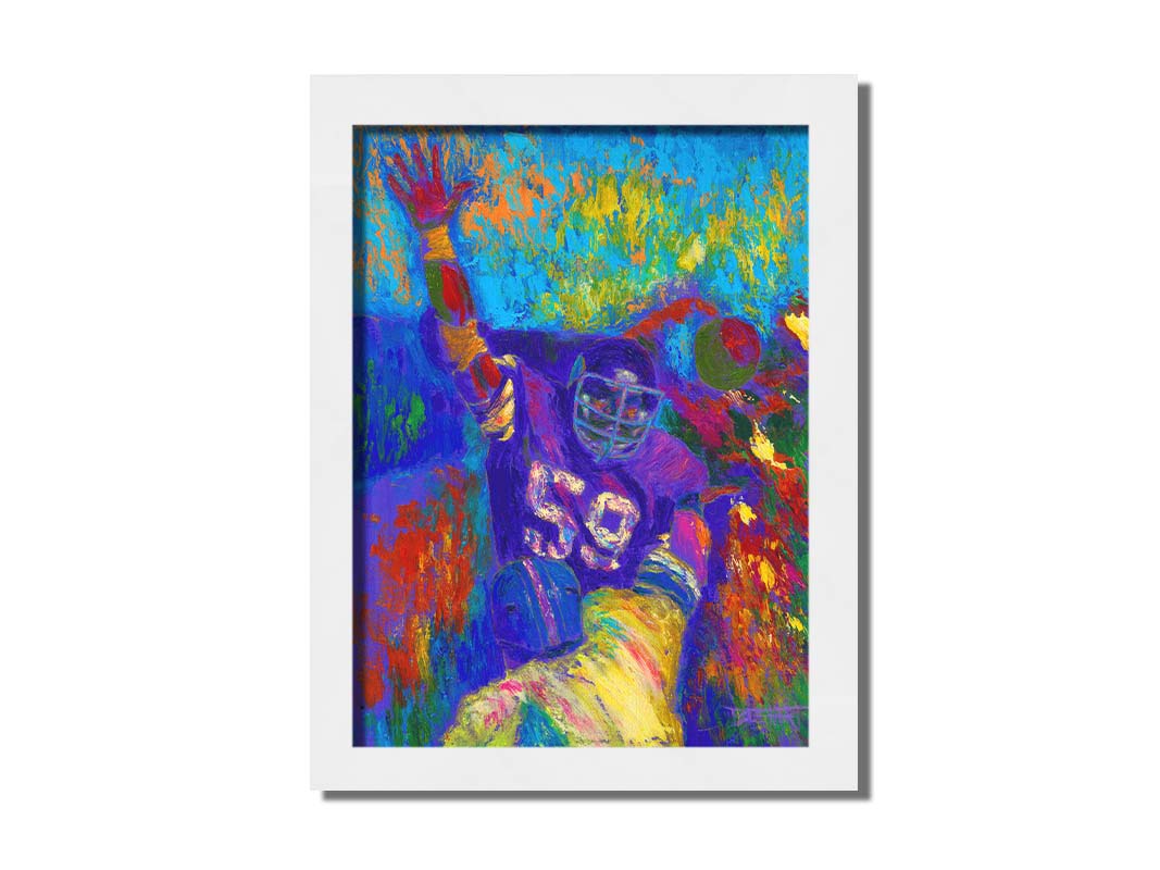 A painting of Minnesota Viking's linebacker Matt Blair waving. Painted in a vibrant pallete with visible pallete knife and brushstrokes. Printed on canvas and framed.