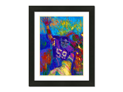 A painting of Minnesota Viking's linebacker Matt Blair waving. Painted in a vibrant pallete with visible pallete knife and brushstrokes. Printed on paper, matted, and framed.