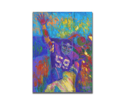 A painting of Minnesota Viking's linebacker Matt Blair waving. Painted in a vibrant pallete with visible pallete knife and brushstrokes. Printed on a box board.