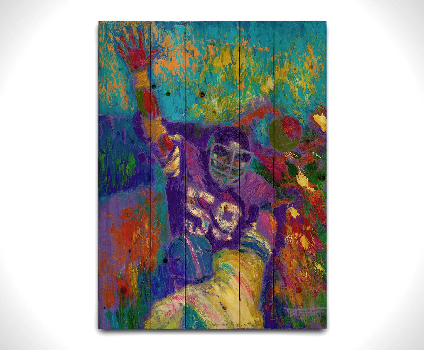 A painting of Minnesota Viking's linebacker Matt Blair waving. Painted in a vibrant pallete with visible pallete knife and brushstrokes. Printed on a wood pallet.