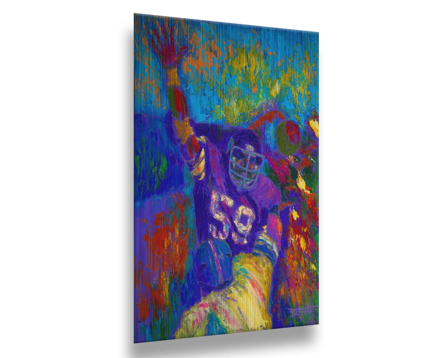 A painting of Minnesota Viking's linebacker Matt Blair waving. Painted in a vibrant pallete with visible pallete knife and brushstrokes. Printed on metal.