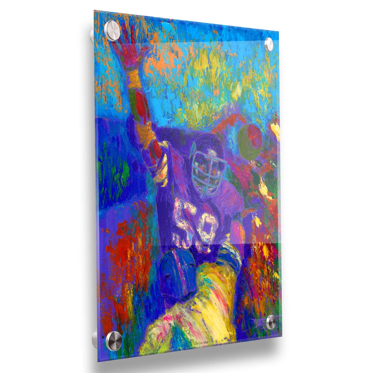 A painting of Minnesota Viking's linebacker Matt Blair waving. Painted in a vibrant pallete with visible pallete knife and brushstrokes. Printed on acrylic.