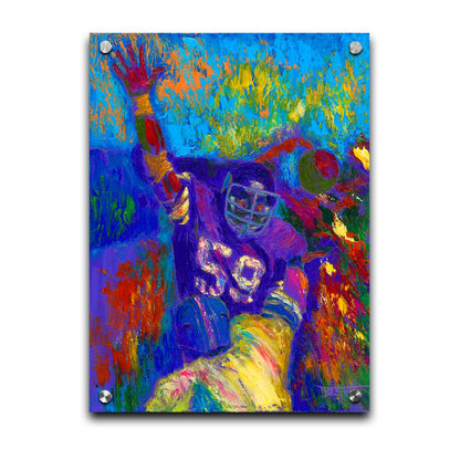 A painting of Minnesota Viking's linebacker Matt Blair waving. Painted in a vibrant pallete with visible pallete knife and brushstrokes. Printed on acrylic.