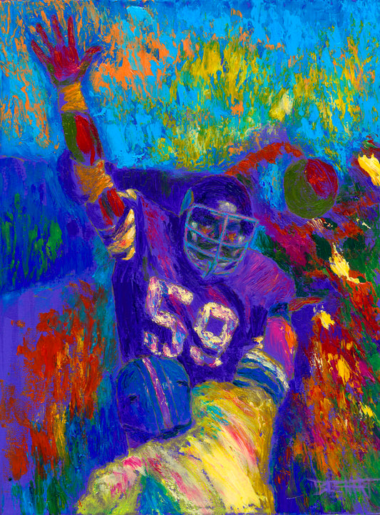 A painting of Minnesota Viking's linebacker Matt Blair waving. Painted in a vibrant pallete with visible pallete knife and brushstrokes. 