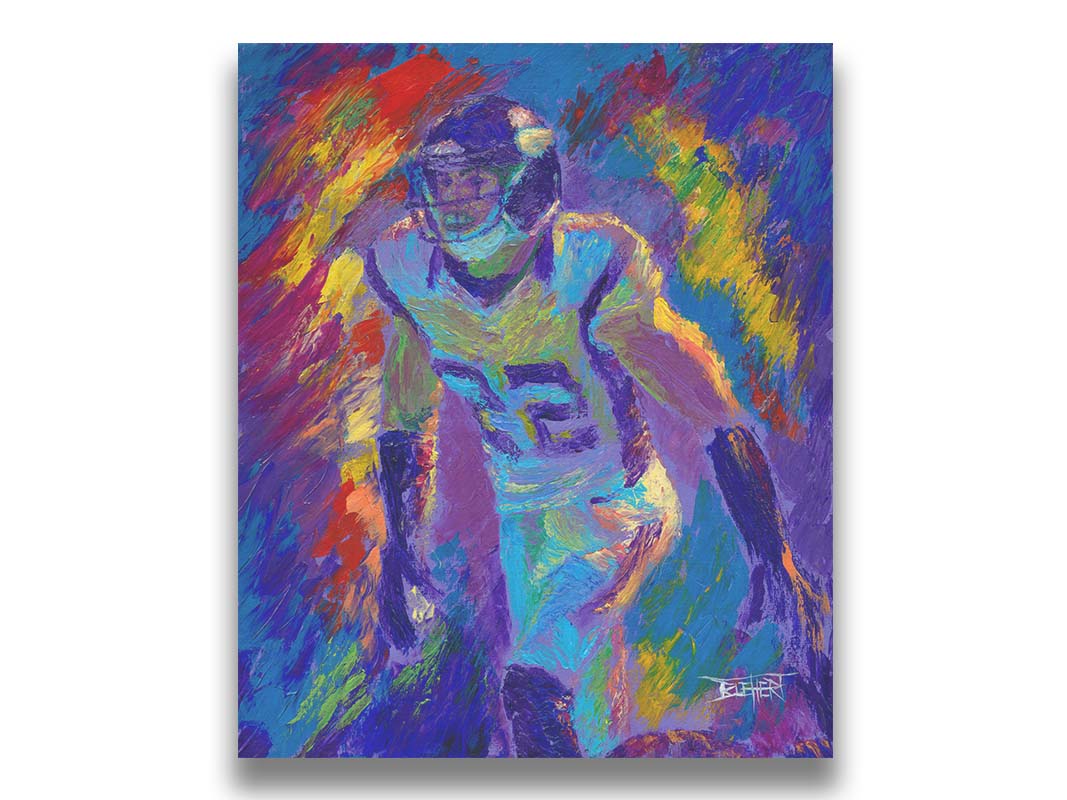 A painting of Minnesota Vikings defensiveback Harrison Smith, with an abstract background in blue and red, accented by yellow. Printed on canvas.