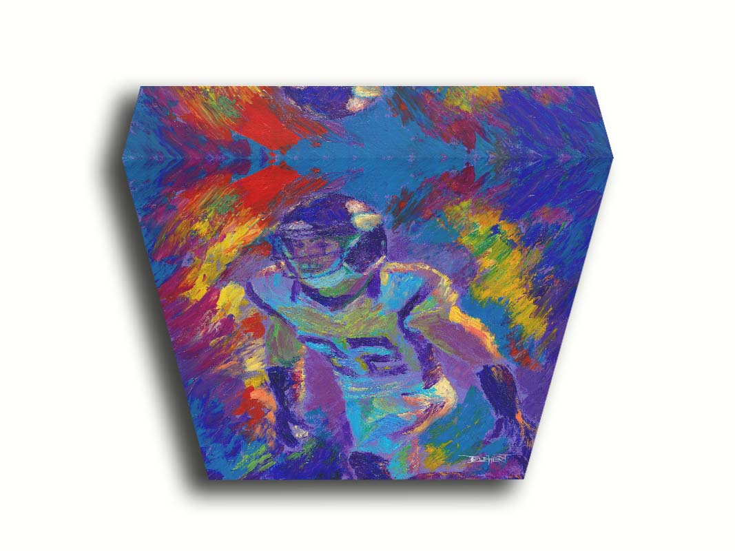 A painting of Minnesota Vikings defensiveback Harrison Smith, with an abstract background in blue and red, accented by yellow. Printed on canvas.