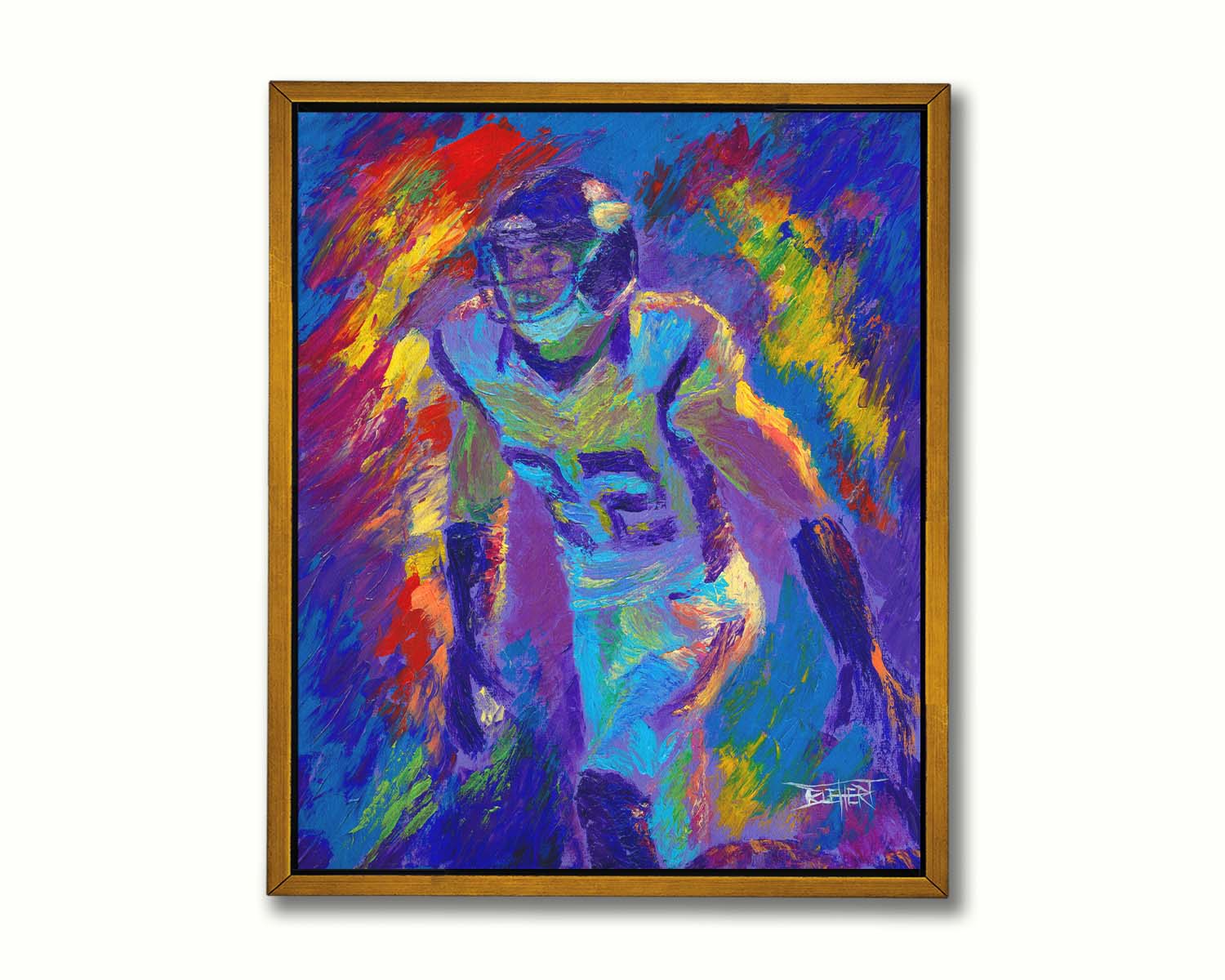 A painting of Minnesota Vikings defensiveback Harrison Smith, with an abstract background in blue and red, accented by yellow. Printed on canvas in a float frame.